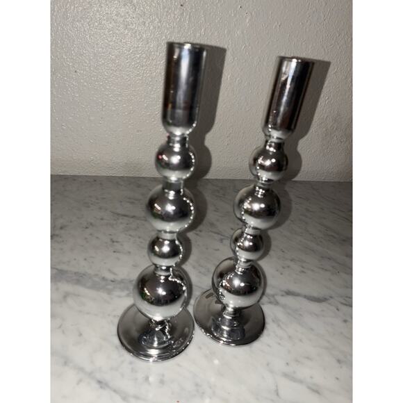 Anthropologie Set Of 2 Delaney Taper Candle Holders Silver Color - Picture 4 of 7